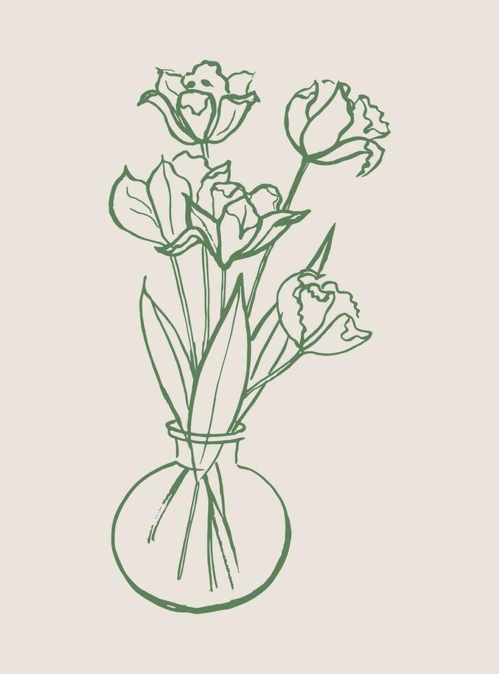 bloemen. nog steeds leven met tulpen in een glas vaas. lijn kunst. hand- getrokken in inkt een vrije stijl. artistiek illustratie. voor poster, kaart, hartelijk groeten, verjaardag, bloem winkel, afdrukken, sjabloon, achtergrond. vector