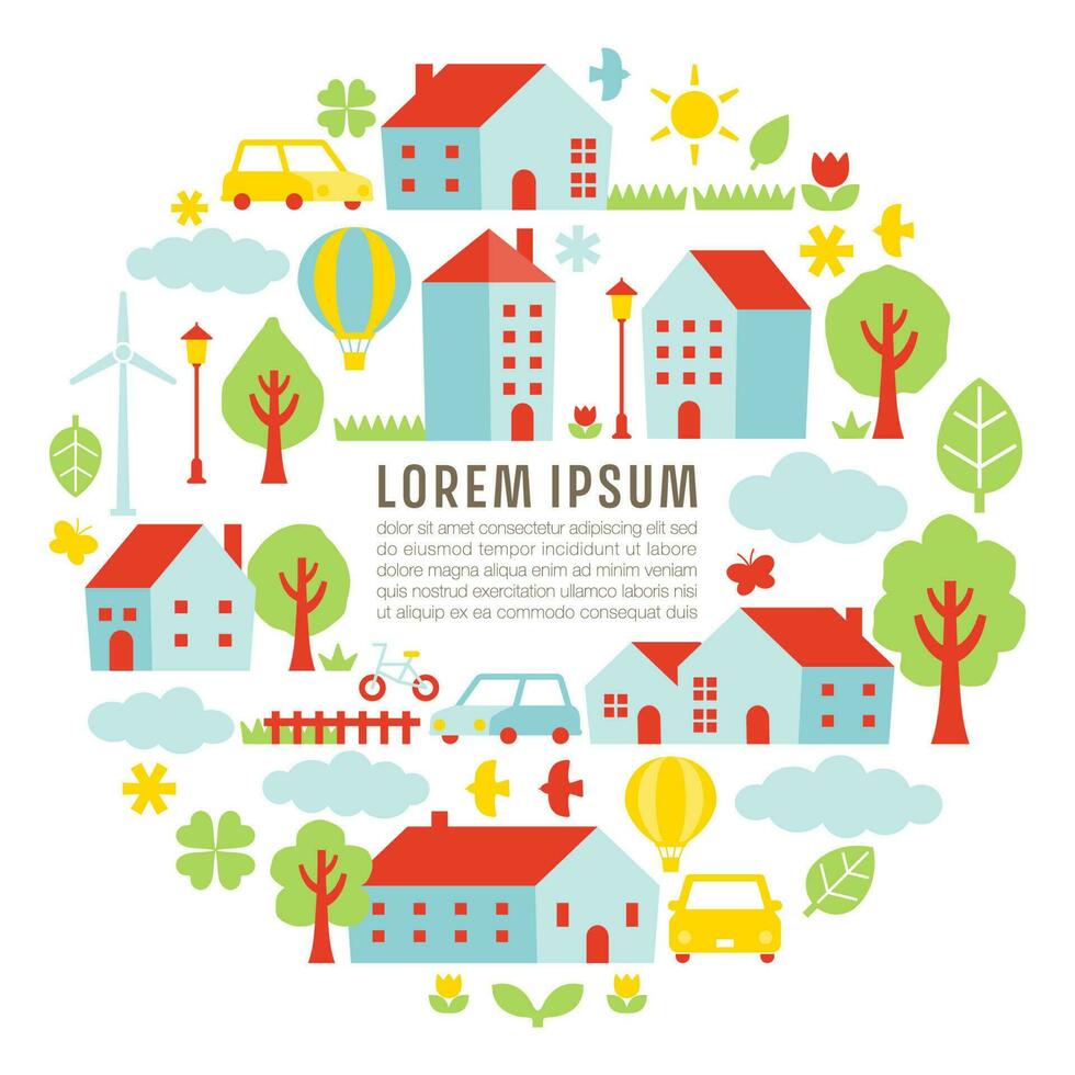 landelijk landschap illustratie in een circulaire het formulier met huizen en bomen vector