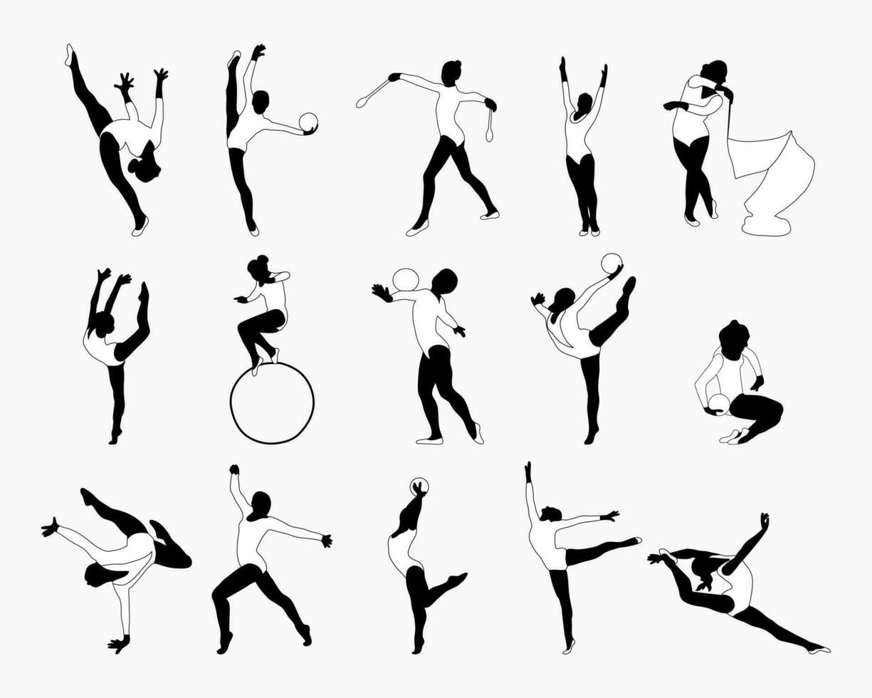 reeks van silhouetten van gymnasten. sport artistiek gymnastiek. sport- koningin. vlak stijl. geïsoleerd vector