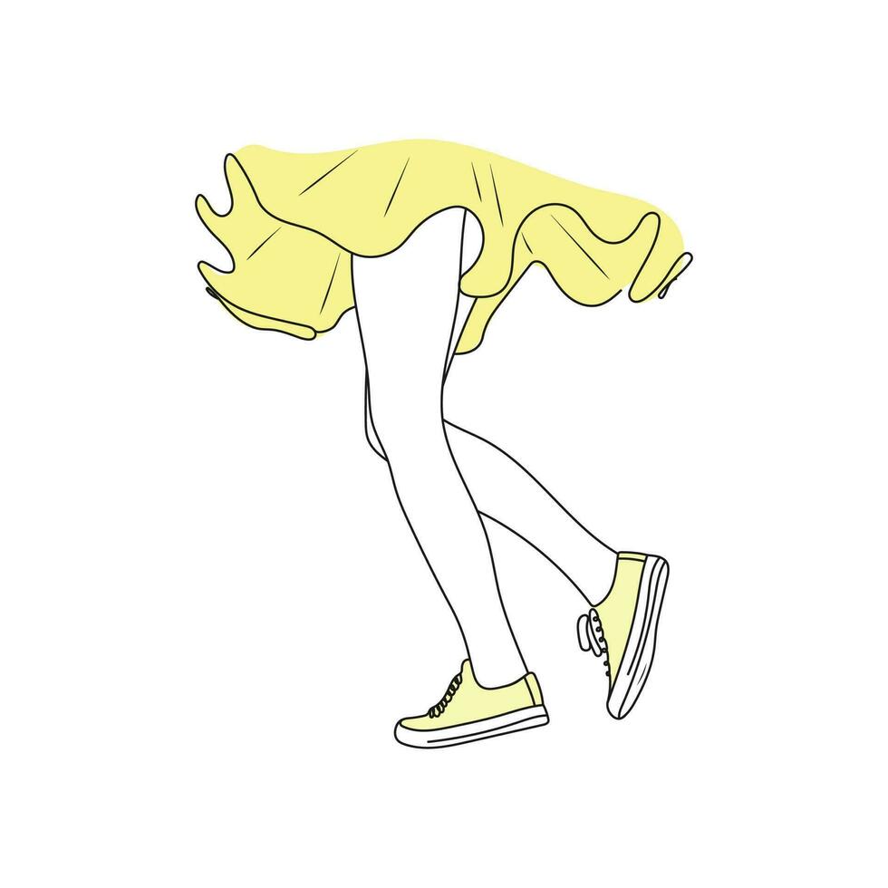 vrouw wandelen poten in geel schoenen. meisje dansen in jurk. hand- getrokken vector illustratie.