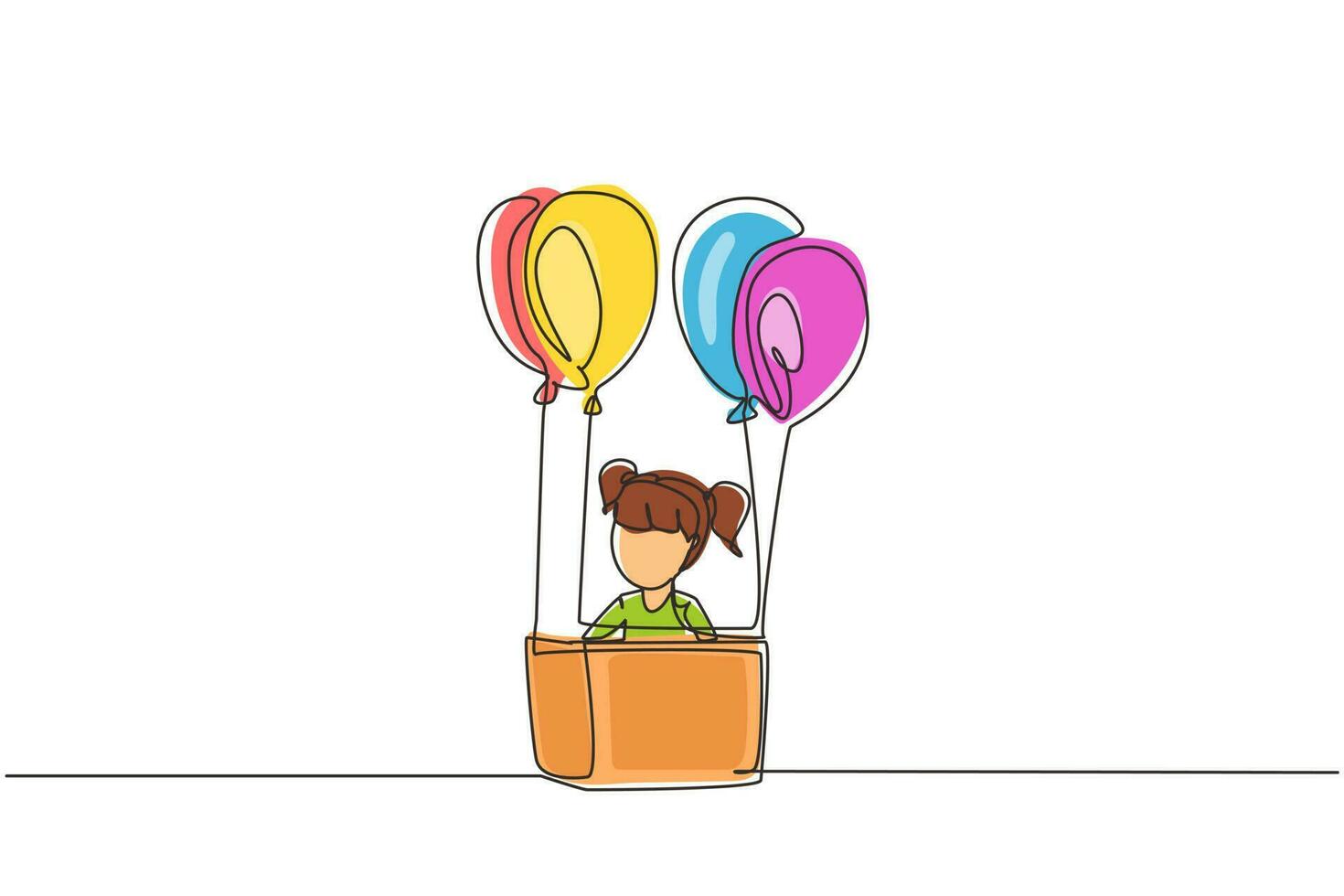 enkele doorlopende lijntekening schattig meisje zit in kartonnen doos met ballonnen. kleine piloot van heteluchtballon. creatief kindkarakter dat heteluchtballon speelt. een lijn tekenen grafisch ontwerp vector