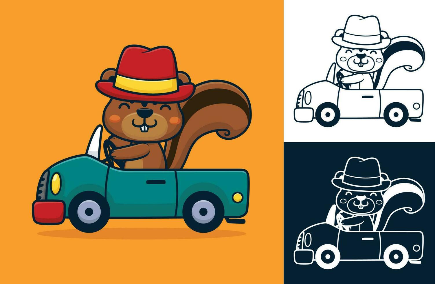 eekhoorn vervelend bowler hoed het rijden auto. vector tekenfilm illustratie in vlak icoon stijl