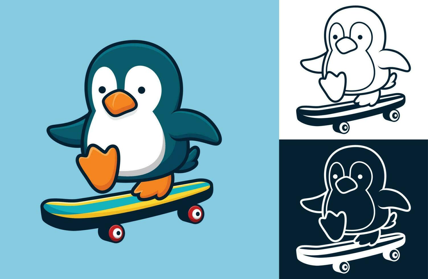 weinig pinguïn skateboarden. vector tekenfilm illustratie in vlak icoon stijl