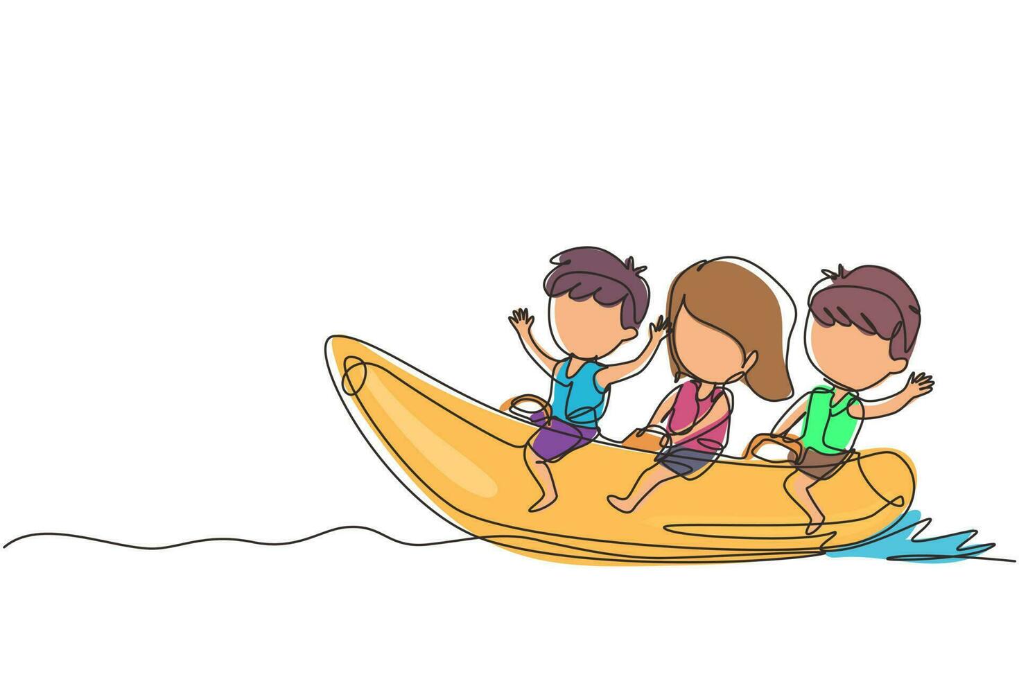 enkele één lijntekening kinderen die plezier hebben op bananenboot. gelukkige jonge geitjes met ritten bananenboot op strandgolven. zomer watersport concept. moderne doorlopende lijn tekenen ontwerp grafische vectorillustratie vector