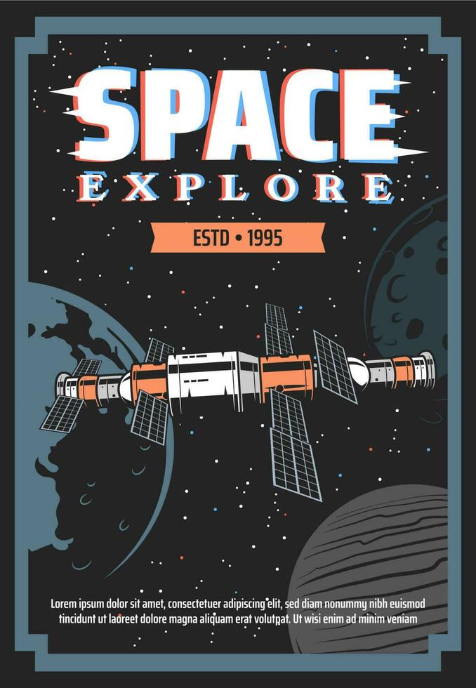 ruimte exploratie station en planeten retro poster vector