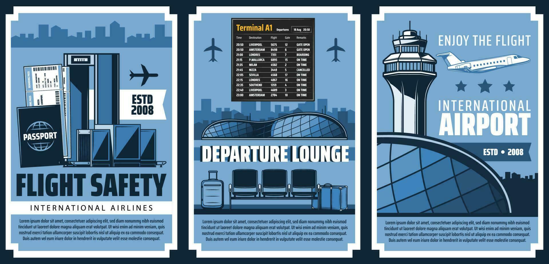 luchthaven, vertrek terminal en veiligheid controle vector