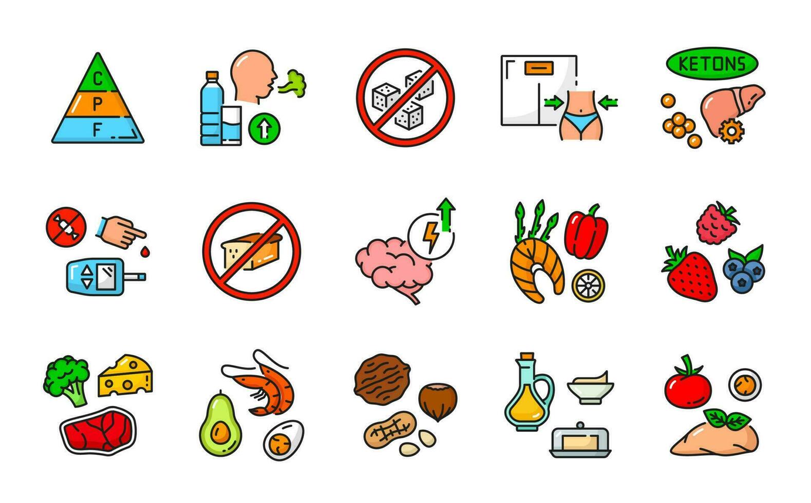 keto, ketogeen eetpatroon voeding pictogrammen, gezond voedsel vector