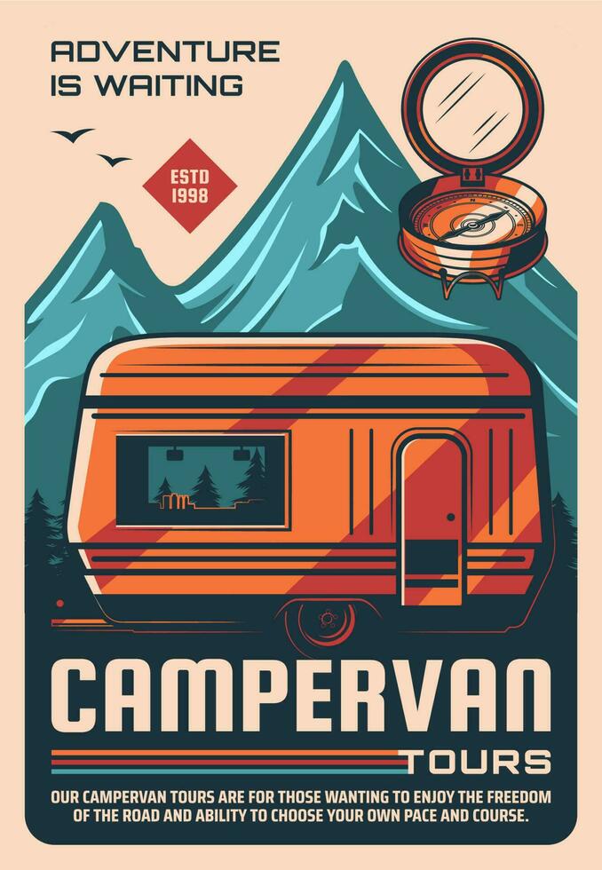 camper busje en camping aanhangwagens tours retro poster vector