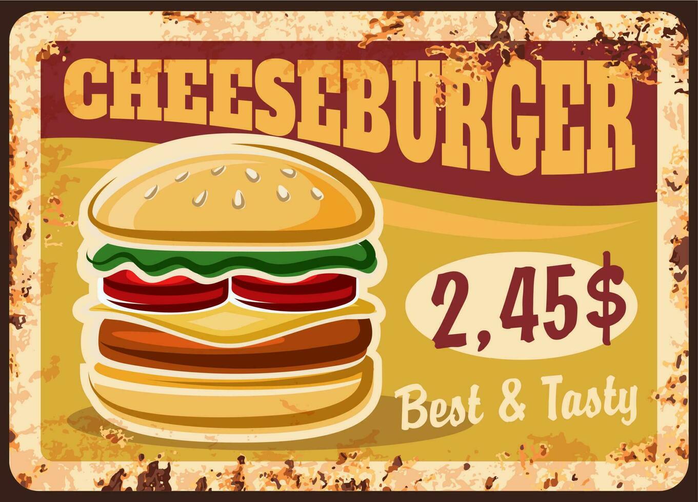 cheeseburger roestig bord, snel voedsel menu vector