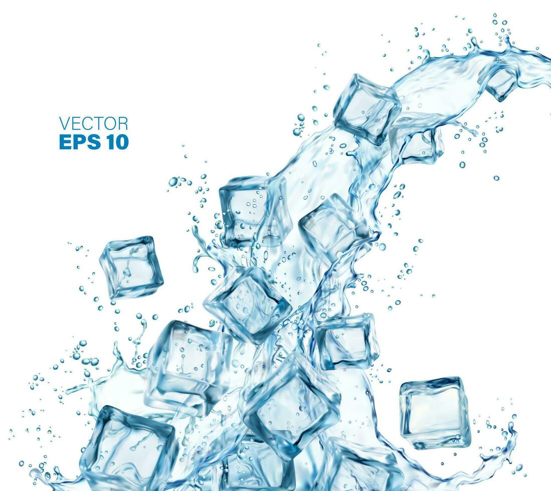 blauw water Golf plons en ijs kristal kubussen vector