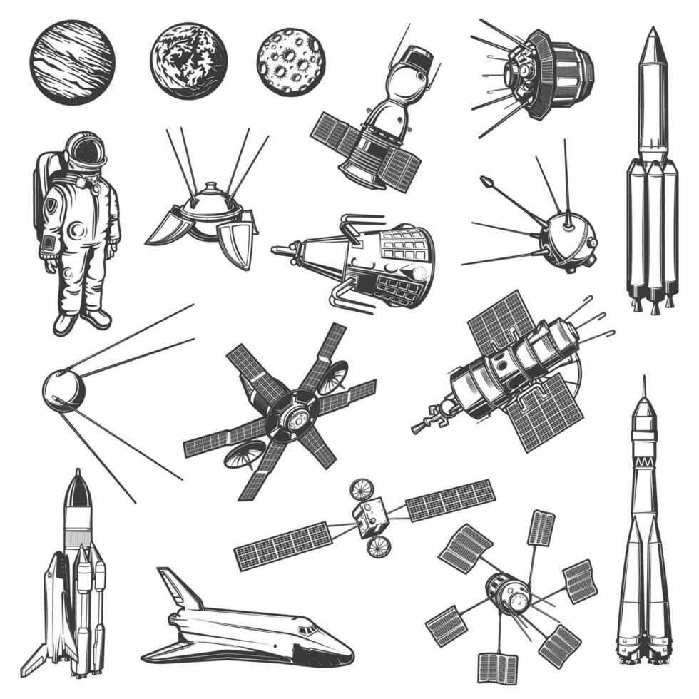 kunstmatig satelliet, ruimteschip en astronaut icoon vector
