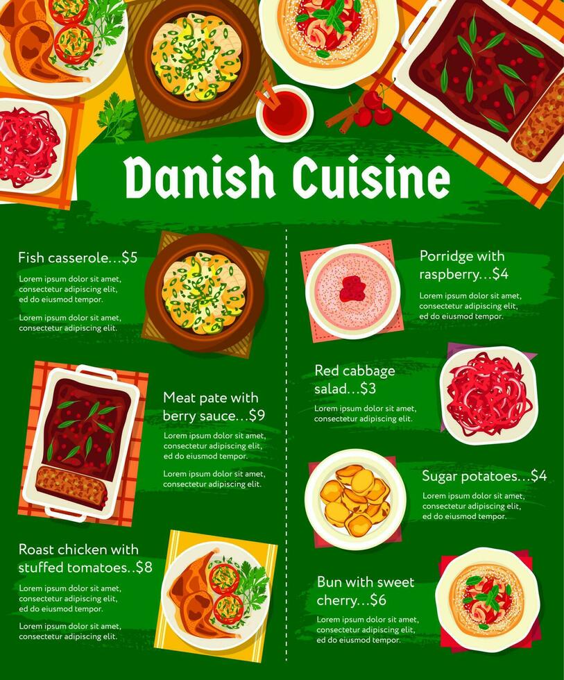 Deens keuken voedsel menu, gerechten en maaltijden poster vector