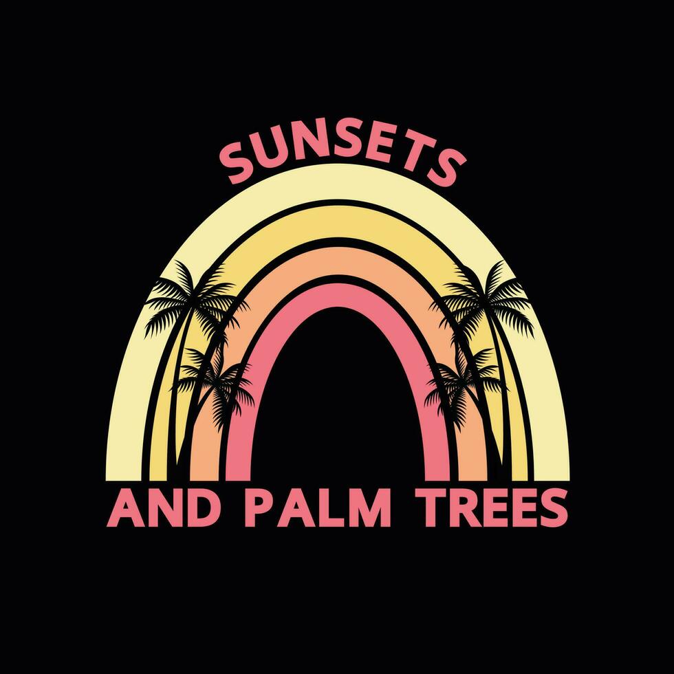 zonsondergangen en palm bomen, reto wijnoogst typografie t-shirt ontwerp, en gebruik tee, beker, mok, tas, kussens, enz. vector