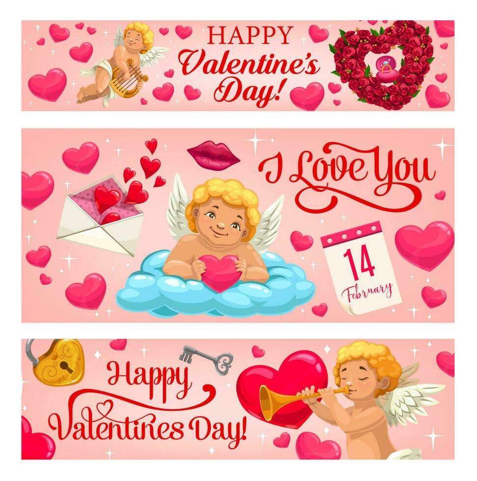 Valentijn dag Cupido engel met harten en bloemen vector