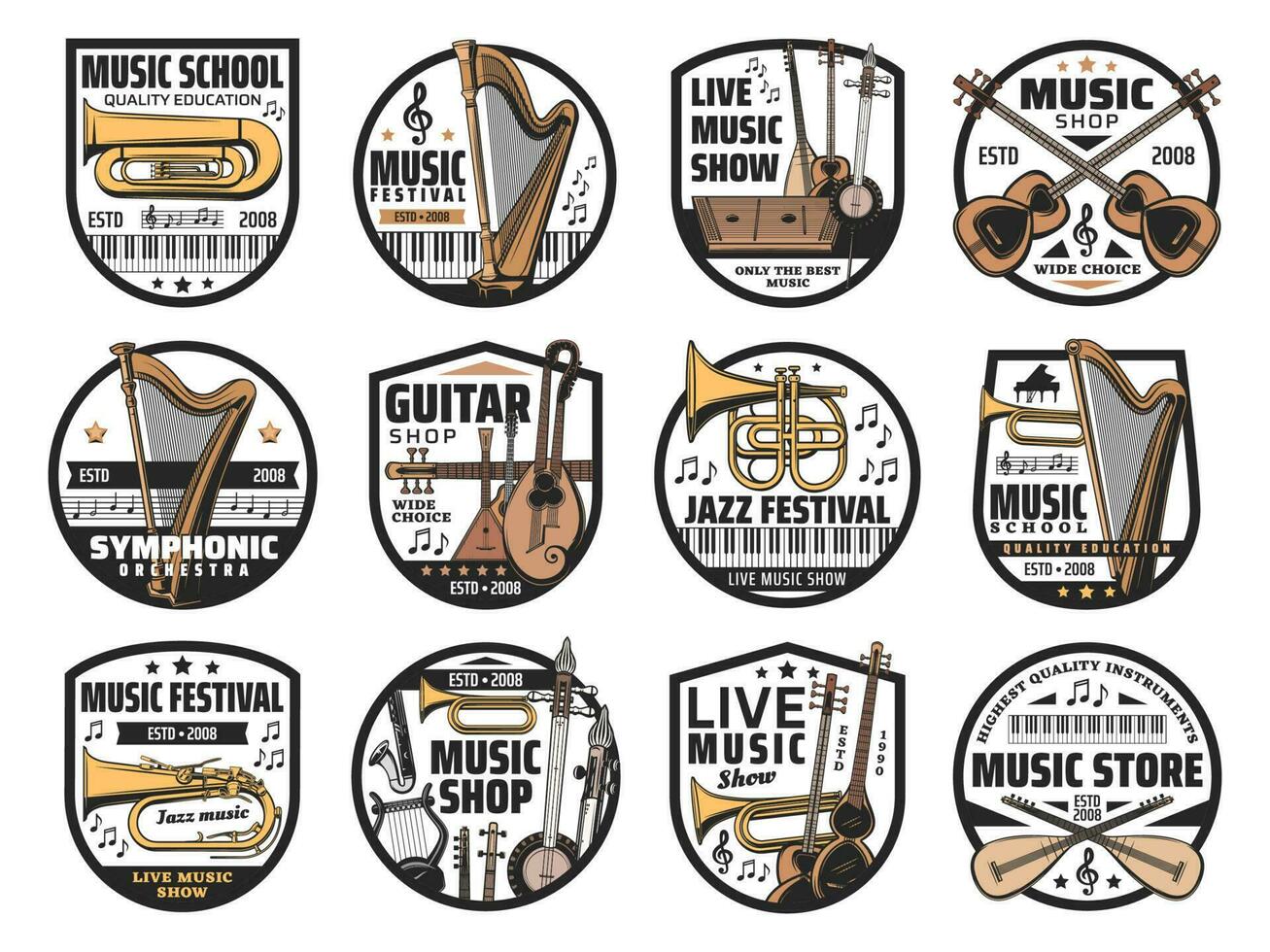 musical instrumenten en notities, muziek- pictogrammen vector