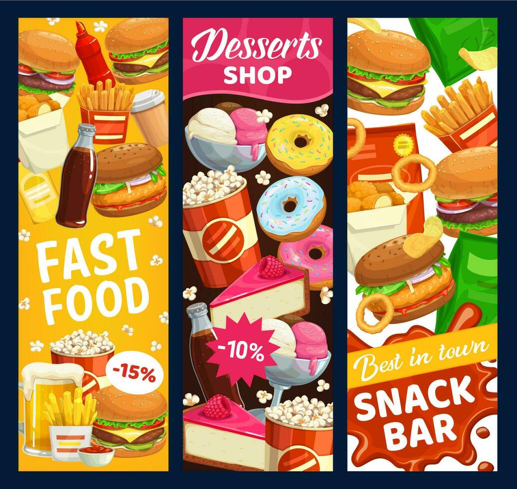 snel voedsel tussendoortje bar en desserts vector banners