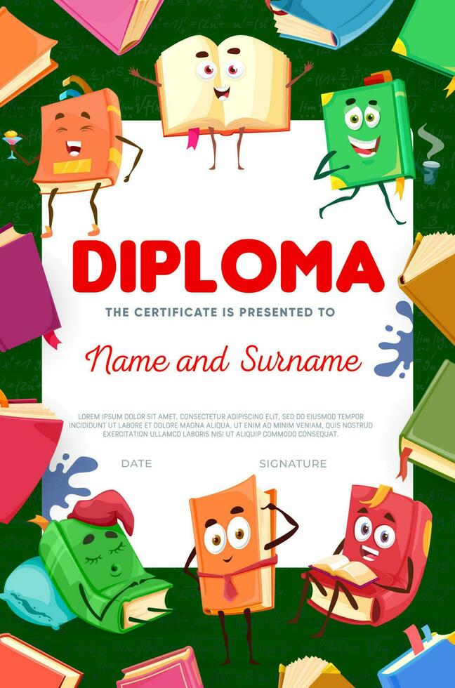 kinderen diploma met grappig boeken tekenfilm tekens vector