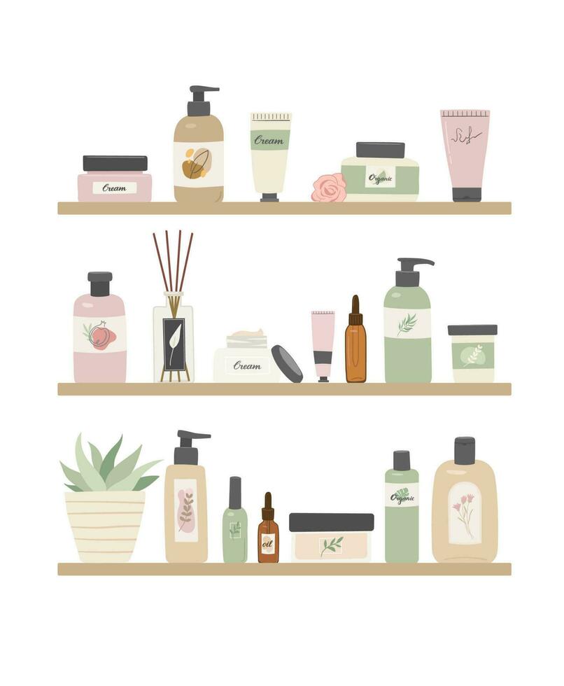 biologisch kunstmatig producten staand Aan plank in schoonheidsspecialiste op te slaan vlak vector illustratie. room, bad goederen, spa accessoires, hygiëne items voor huid en lichaam zorg Aan wit achtergrond