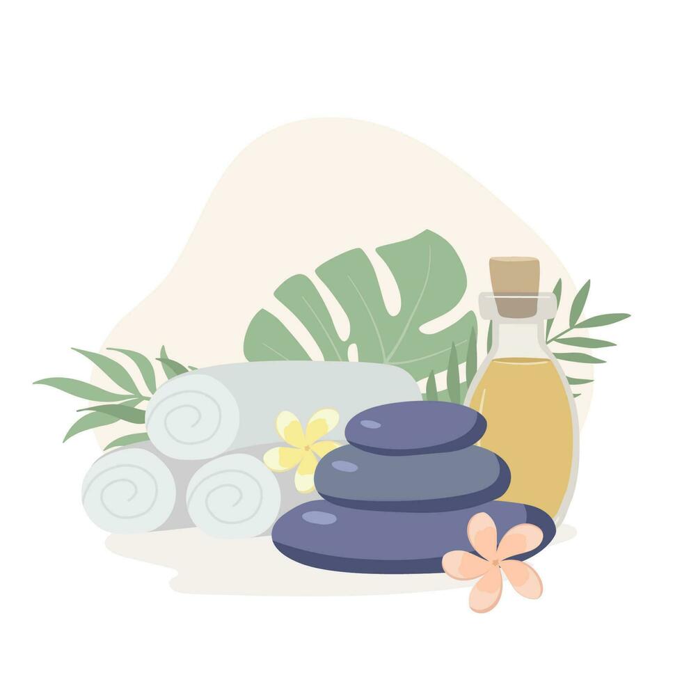 samenstelling met massage stenen, essentieel olie en handdoeken Aan wit achtergrond. schoonheid spa behandeling en kom tot rust concept vlak vector illustratie.
