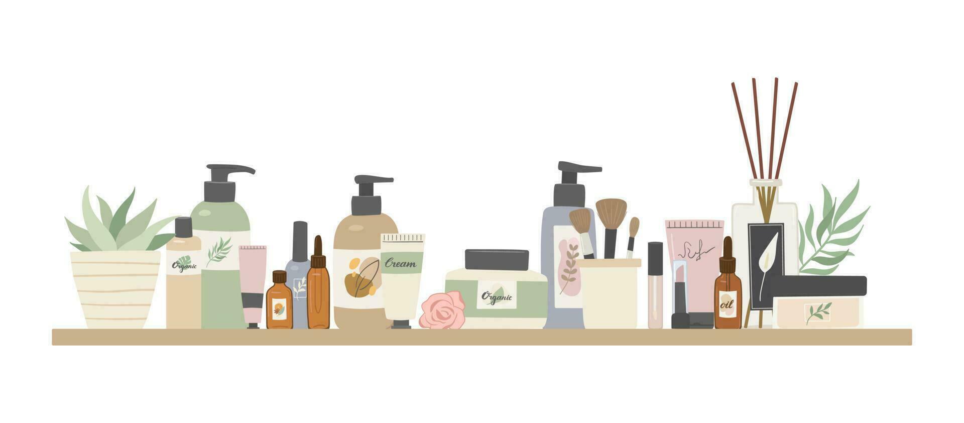 schoonheid natuurlijk kunstmatig staand Aan plank. flessen, buis, potten, haar- shampoo, room, spa accessoires, essentieel olie, schrobben, serum, gel, lippenstift, bedenken items geïsoleerd Aan wit achtergrond vector