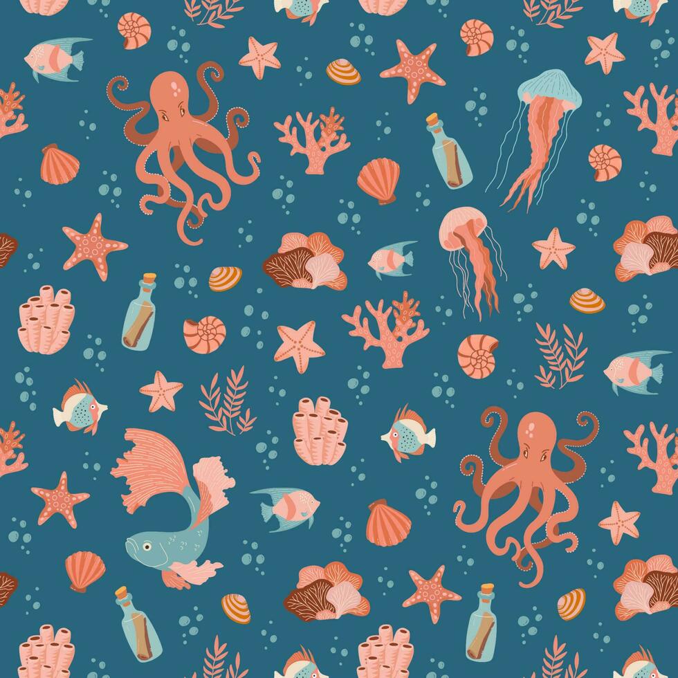 naadloos patroon met Octopus, vis, kwal en schelpen Aan blauw achtergrond. onderwater- wereld vector ornament. zee leven zomer illustratie