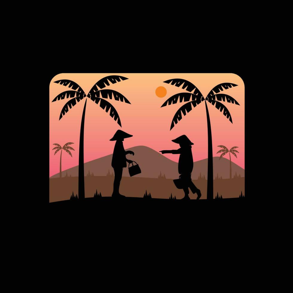 silhouet van twee boeren in de veld- illustratie ontwerp vector