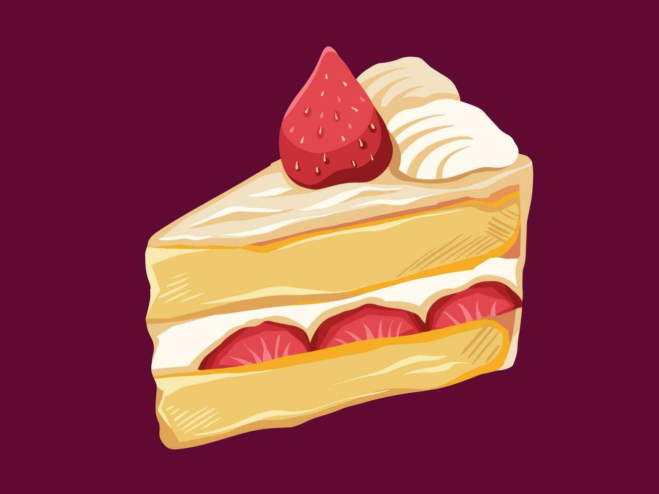 Japans aardbei zandgebakje room driehoek gesneden taart vector illustratie geïsoleerd Aan donker roze horizontaal achtergrond. gemakkelijk vlak vol gekleurde zoet toetje voedsel tekening.