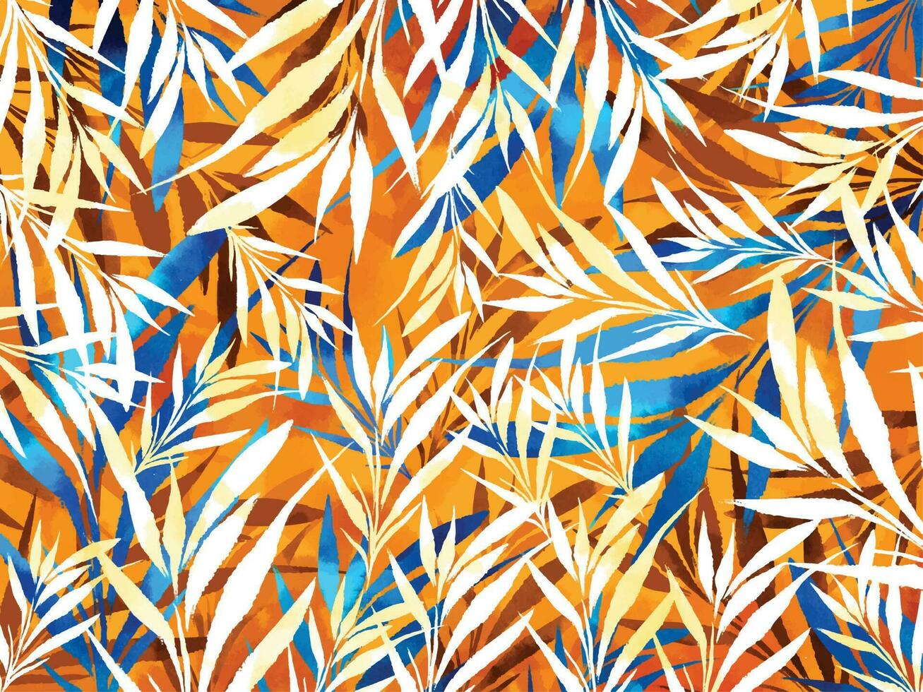 oranje, wit, en blauw getextureerde botanisch bladeren patroon vector achtergrond geïsoleerd Aan grungy horizontaal sjabloon. fabriek of oerwoud themed behang voor sociaal media na, poster, omhulsel papier afdrukken