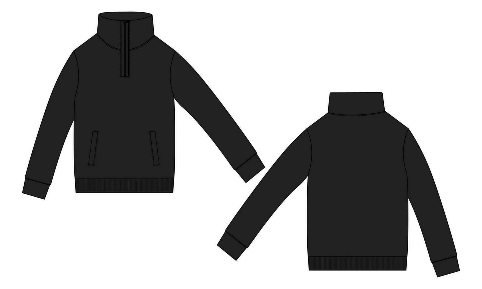 lang mouw jasje met zak- en rits technisch mode vlak schetsen vector illustratie zwart kleur sjabloon voorkant en terug keer bekeken. fleece Jersey sweater jasje voor Mannen en jongens.