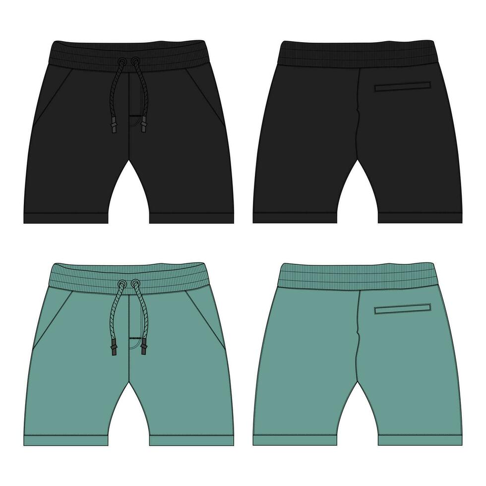 shorts hijgen technisch mode vlak schetsen tekening vector illustratie zwart en groen kleur sjabloon voor baby jongens geïsoleerd Aan wit achtergrond.