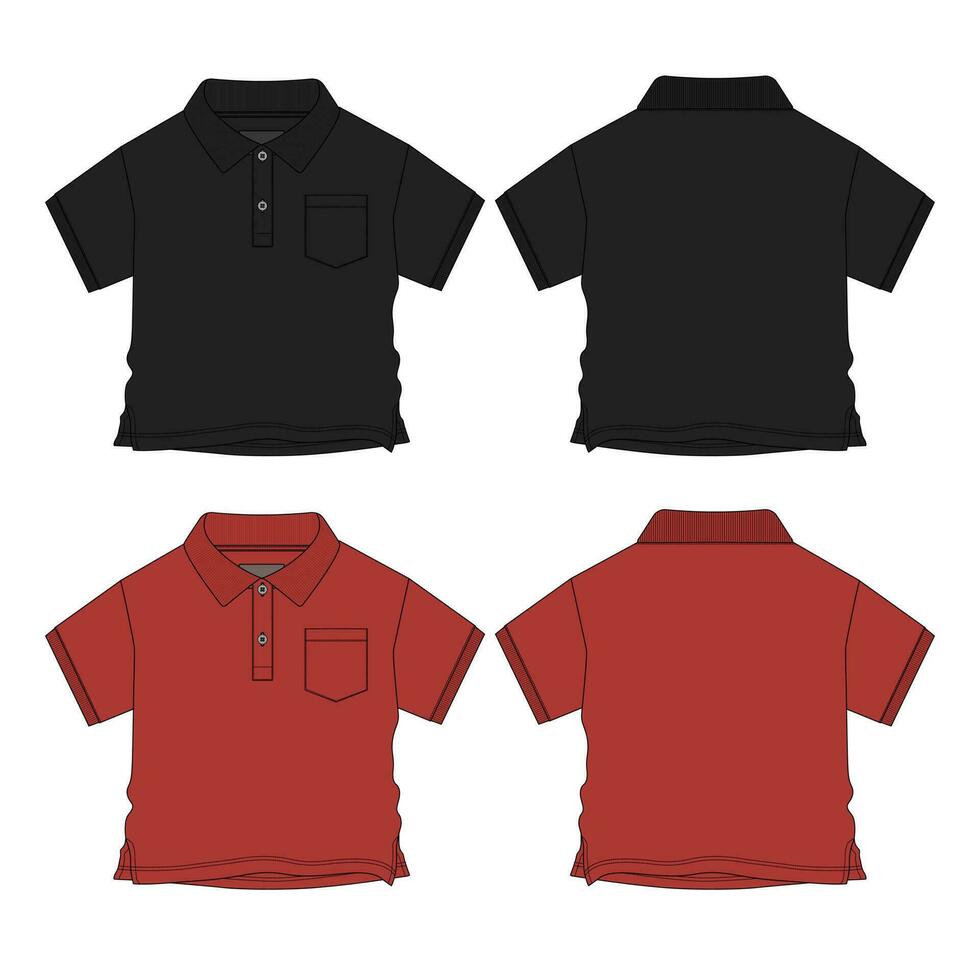 baby jongens polo overhemd technisch tekening mode vlak schetsen vector illustratie zwart en rood kleur sjabloon voorkant en terug keer bekeken. kleding ontwerp bespotten omhoog voor kinderen geïsoleerd Aan wit achtergrond