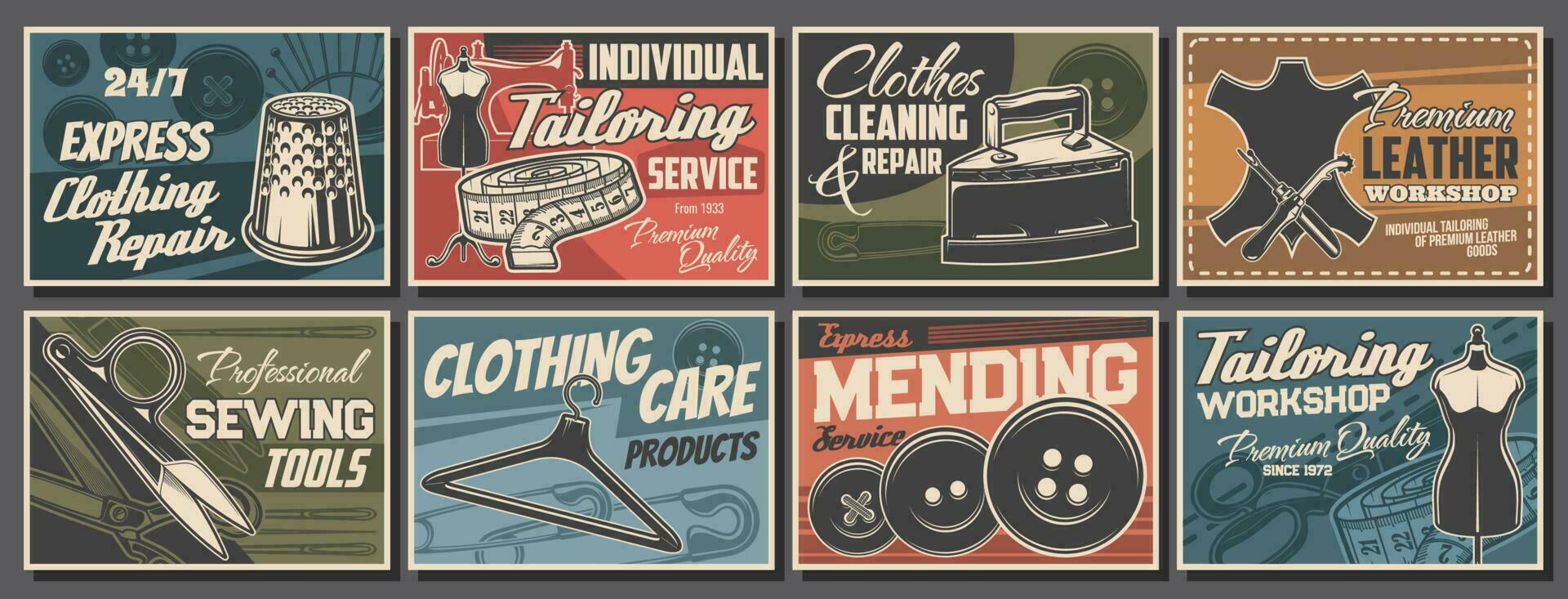 maatwerk onderhoud en naaien gereedschap retro posters vector