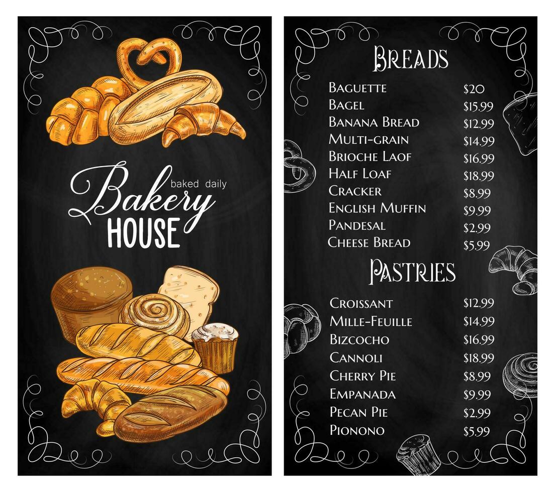 bakker winkel menu schoolbord, brood, gebakje voedsel vector