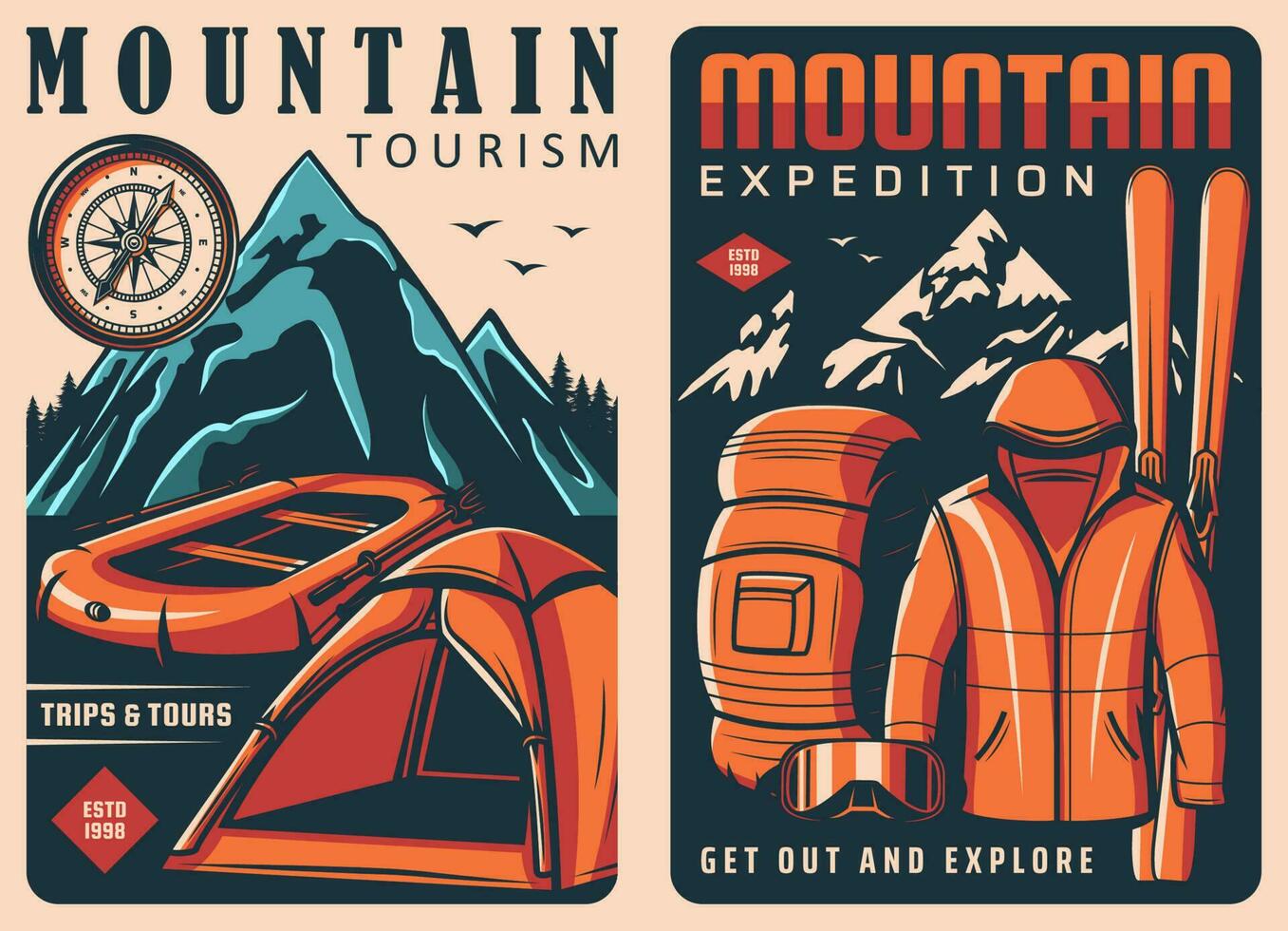 berg toerisme reizen uitrusting vector wijnoogst poster