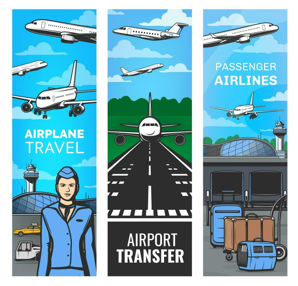 lucht reis, vliegmaatschappij en luchthaven onderhoud banners vector