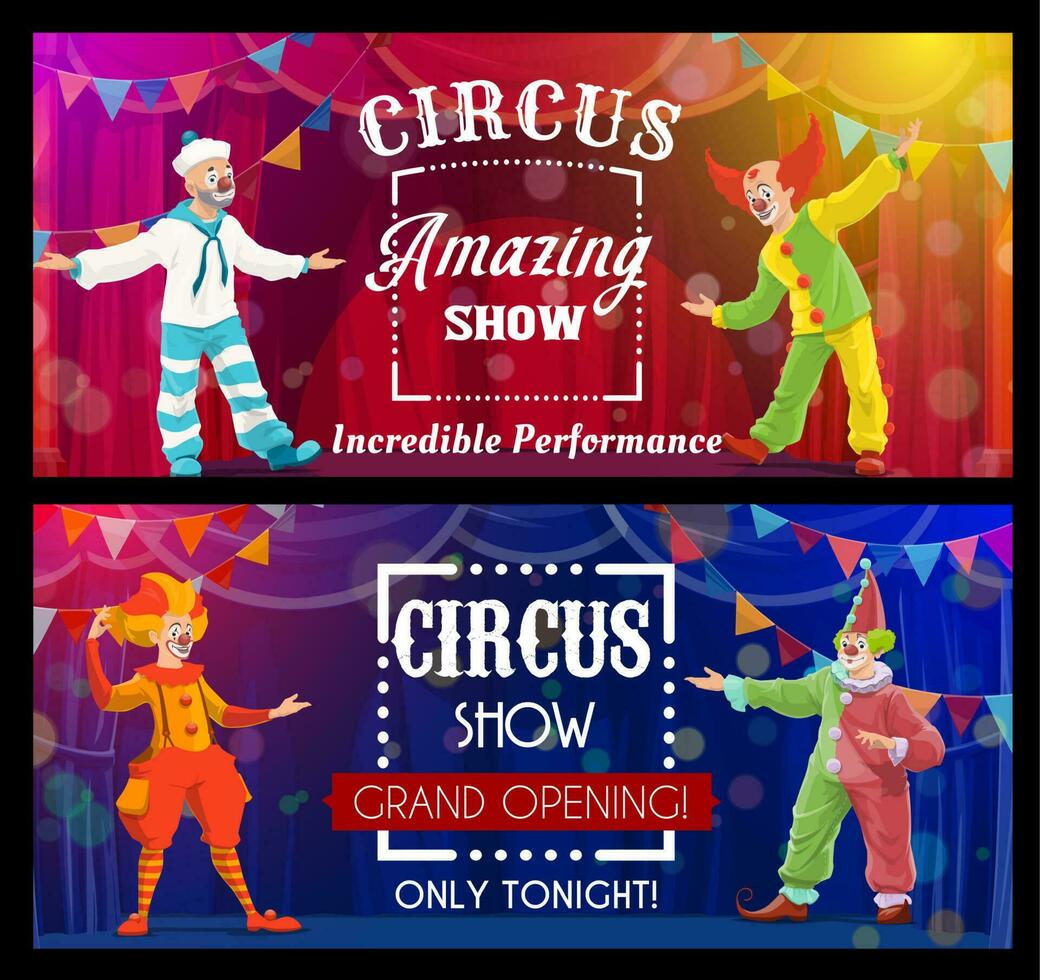 shapito circus show, tekenfilm clown artiesten vector