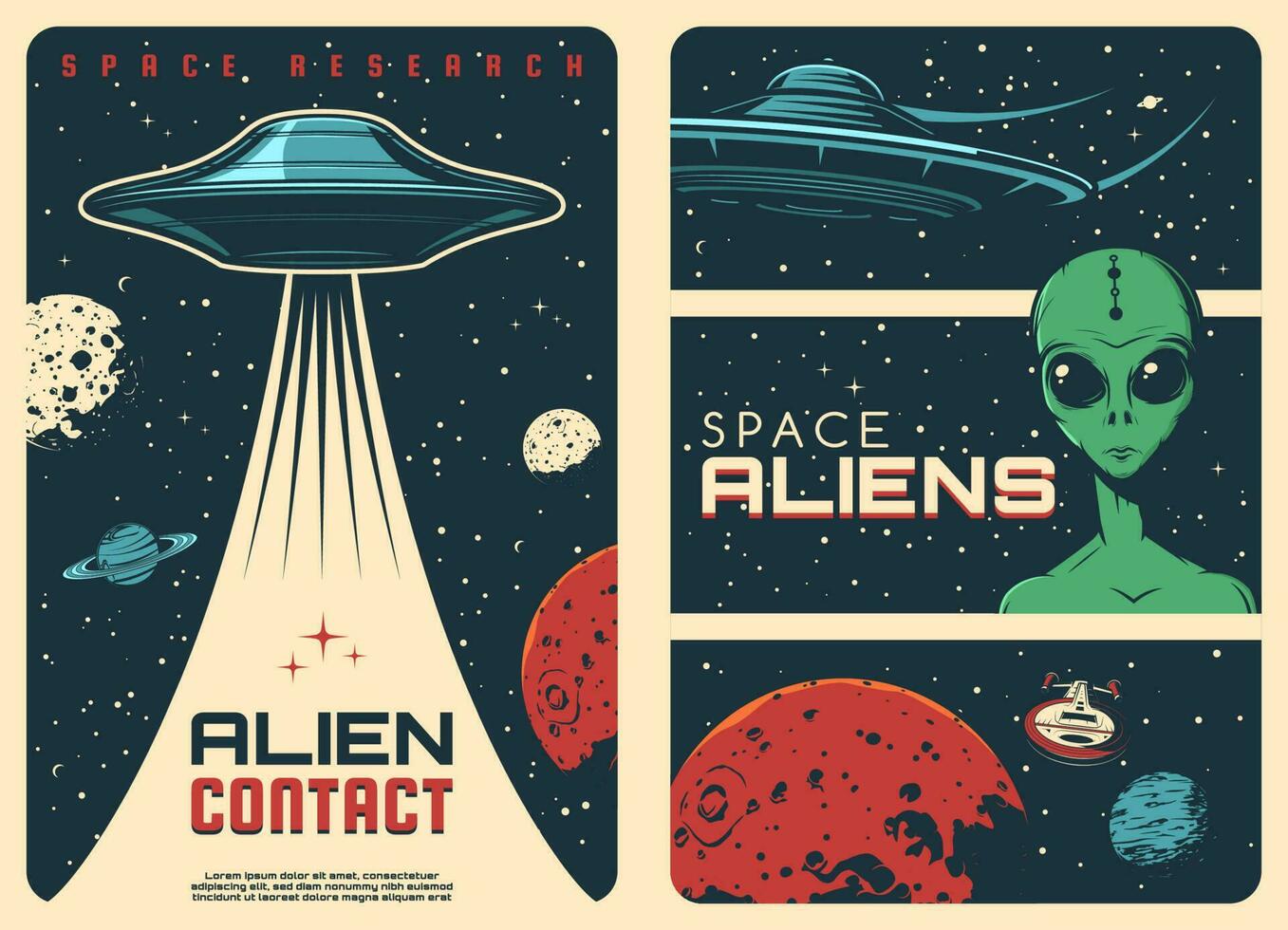 buitenaards wezen contact, ufo ruimteschip wijnoogst banners vector