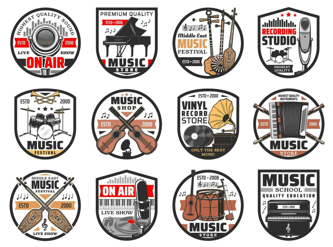 muziek- festival, instrumenten winkel en school- pictogrammen vector