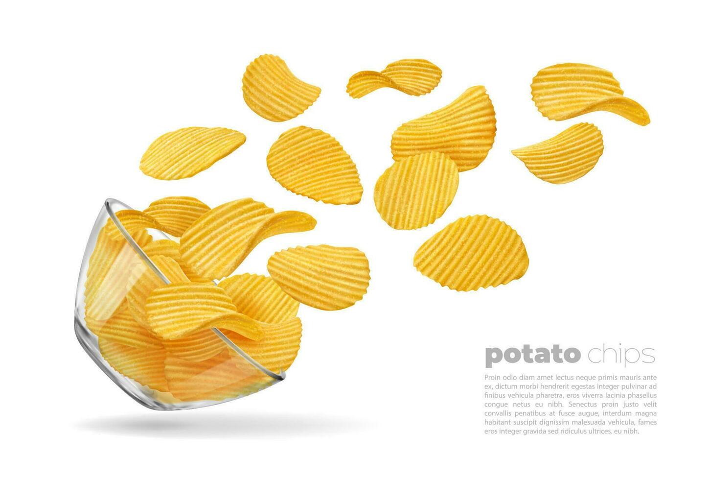 vliegend rimpeling aardappel chips en glas schaal, voedsel vector