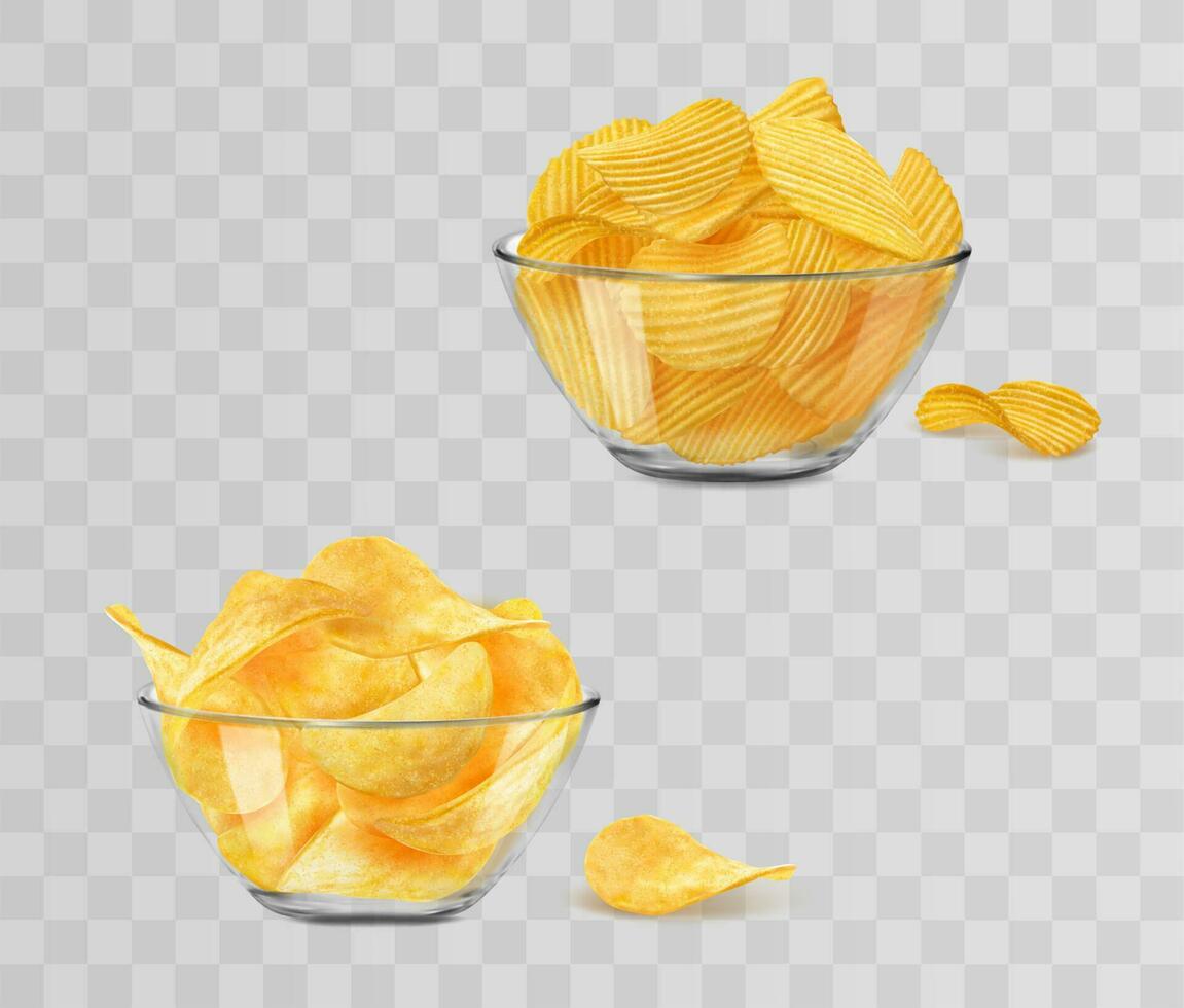 realistisch glas kom met krokant aardappel chips 3d vector