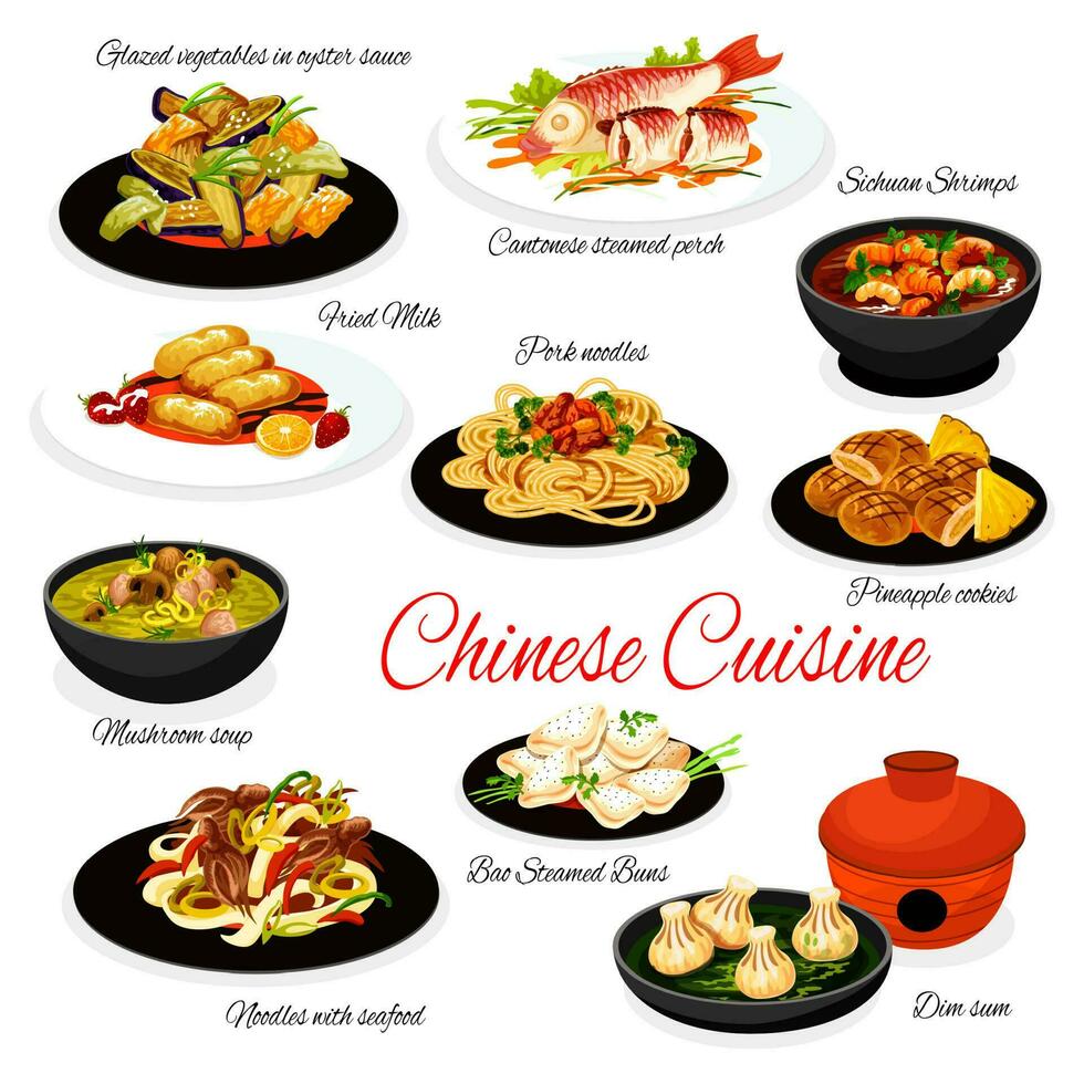 Chinese keuken Aziatisch gerechten van zeevruchten en vlees vector