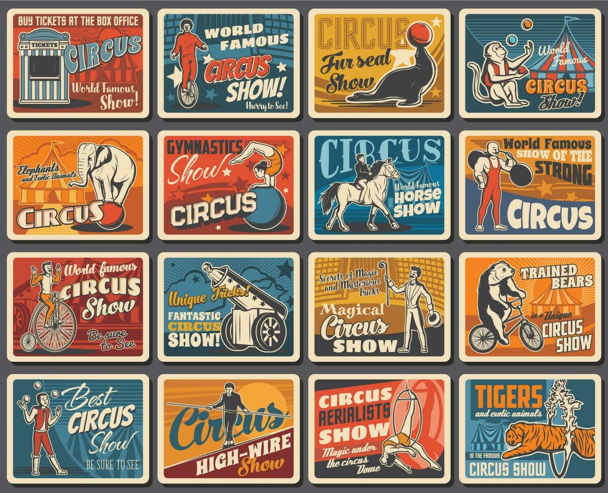 circus tonen dieren en artiesten wijnoogst posters vector