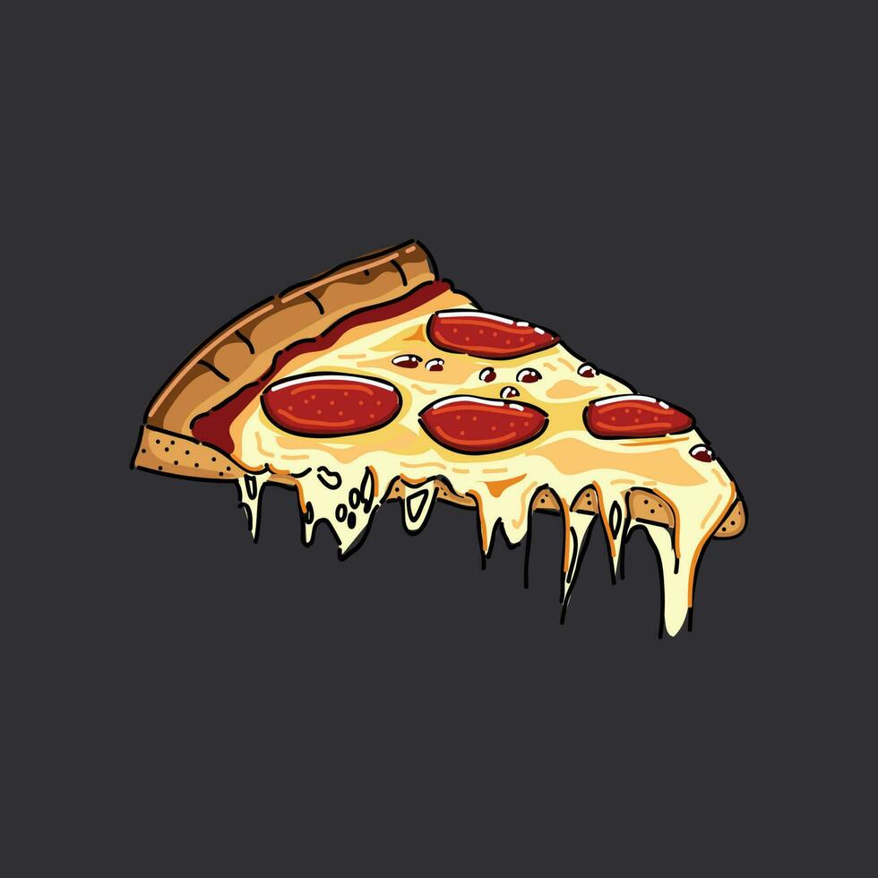 salami pizza plak met smelten kaas. vector klem kunst illustratie met gemakkelijk hellingen. allemaal in een single laag. donker achtergrond