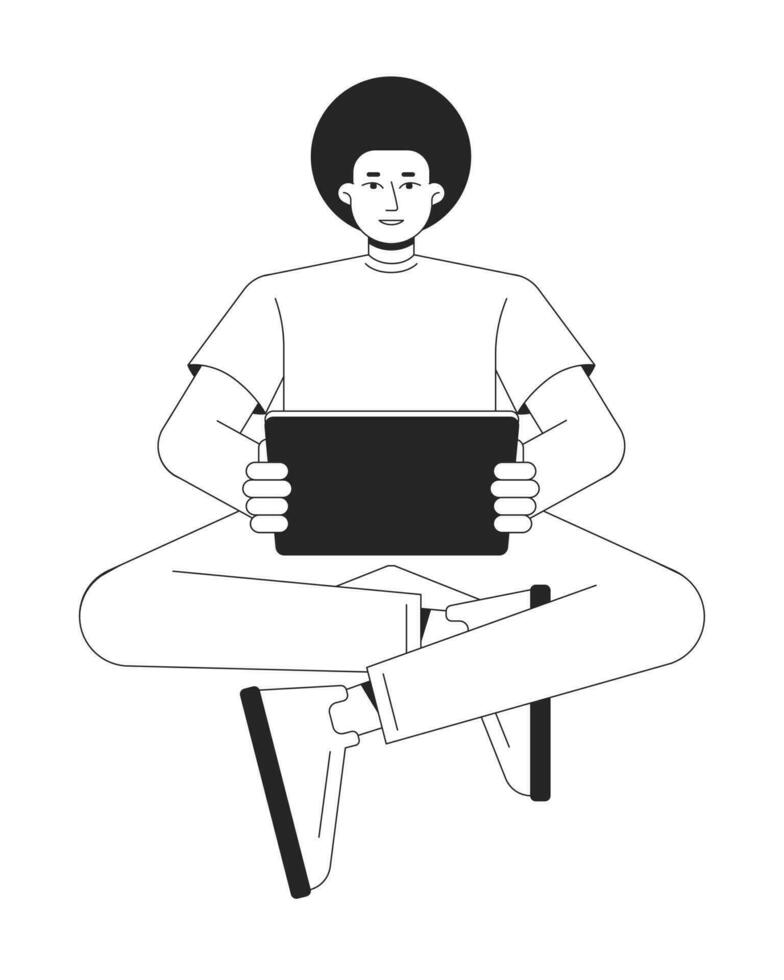 Mens Holding tablet bw vector plek illustratie. afro vent zittend met elektronisch apparaatje 2d tekenfilm vlak lijn monochromatisch karakter Aan wit voor web ui ontwerp. bewerkbare geïsoleerd schets held beeld