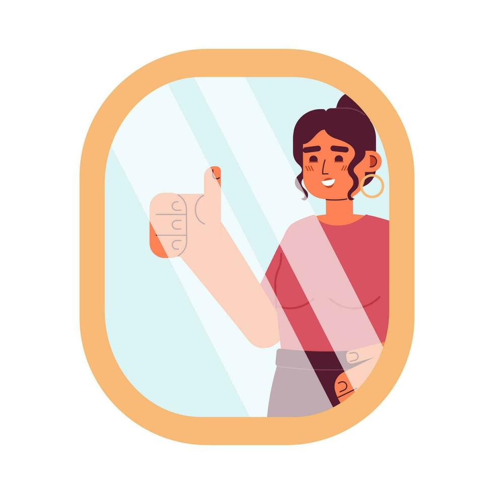 zelfverzekerd Kaukasisch vrouw tonen duim omhoog in spiegel reflectie semi vlak kleurrijk vector karakter. bewerkbare voor de helft lichaam persoon Aan wit. gemakkelijk tekenfilm plek illustratie voor web grafisch ontwerp