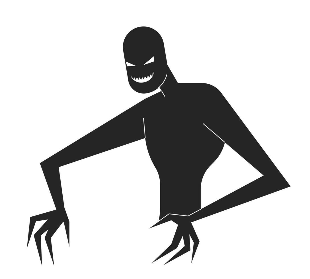 onheil glimlachen mentaal ziekte monster vlak lijn zwart wit vector karakter. bewerkbare geïsoleerd schets figuur. eng schaduw gemakkelijk tekenfilm stijl plek illustratie voor web grafisch ontwerp, animatie