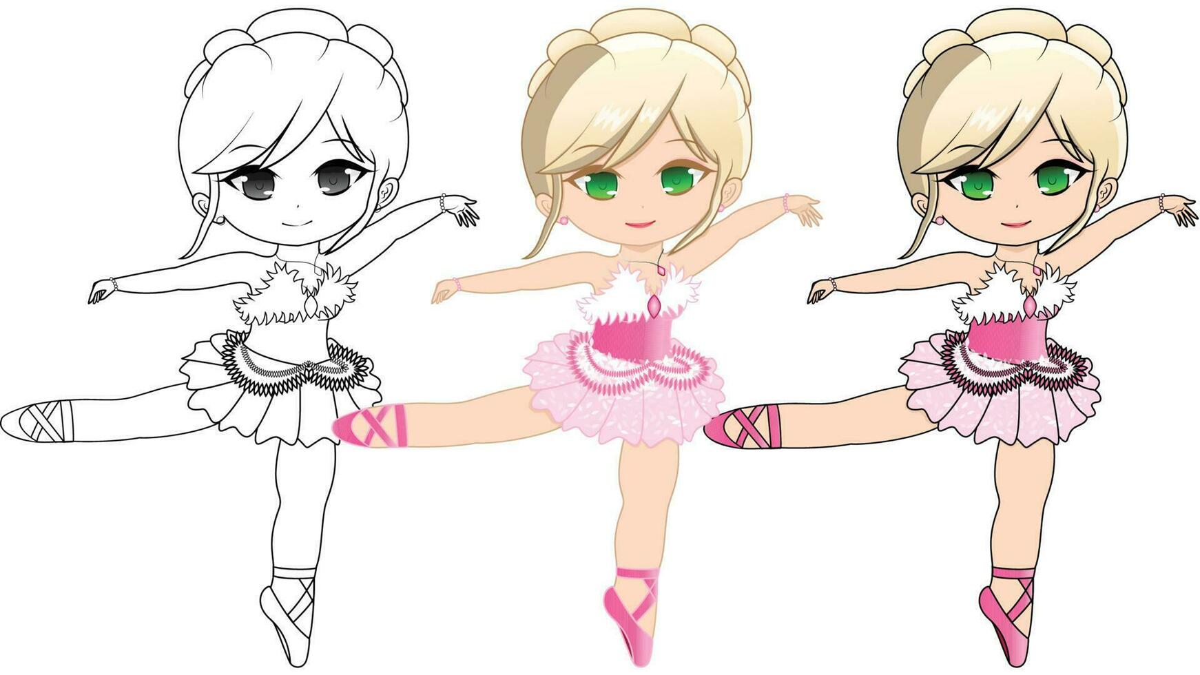 blond tekenfilm meisje in roze ballet jurk aan het doen arabesk houding - zwart en wit tekening en gekleurde versies voor ballet illustratie vector