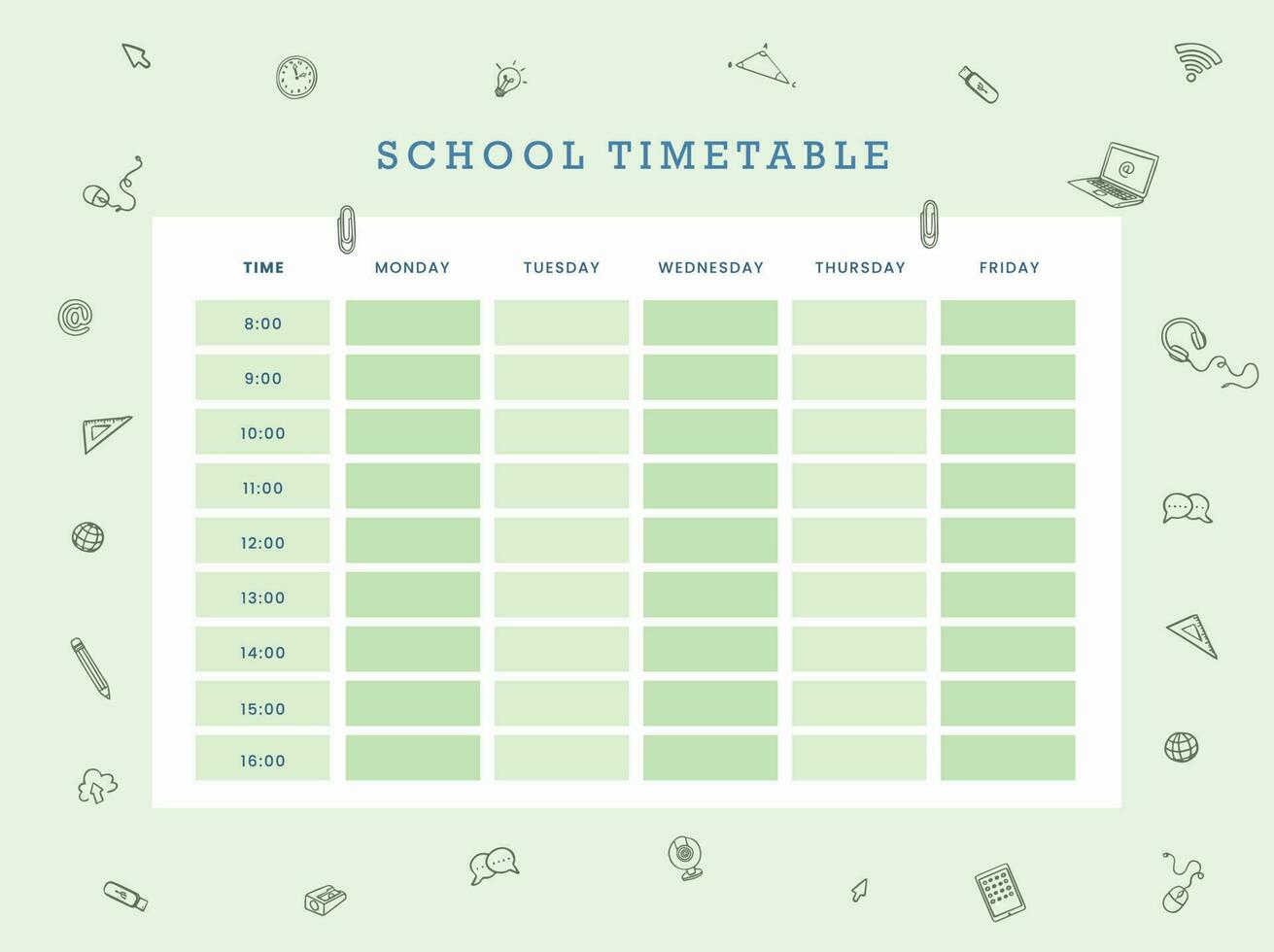 .wekelijks ontwerper sjabloon met school- voorwerpen en symbolen vector