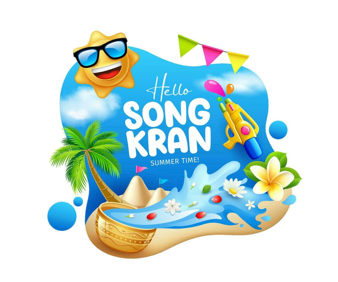 songkran festival Thailand, Thais bloemen in een water schaal, spatten, zon glimlach, zand pagode, wolk lucht poster ontwerp Aan blauw achtergrond, eps 10 vector illustratie