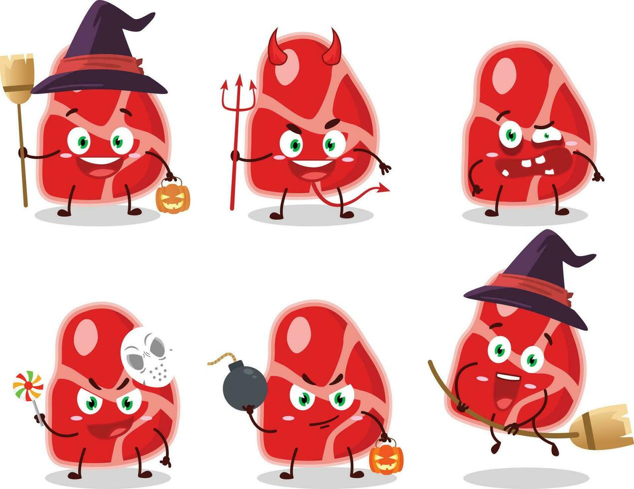 halloween uitdrukking emoticons met tekenfilm karakter van vlees vector